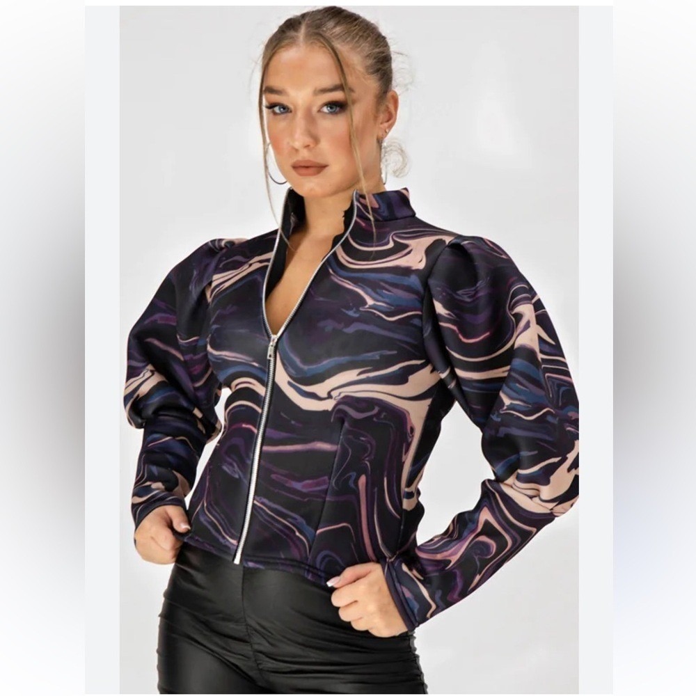 Juliet‎ Womens Marble Swirl Puff Sleeve Zip Up Jacket Purple Multi Size L NWT